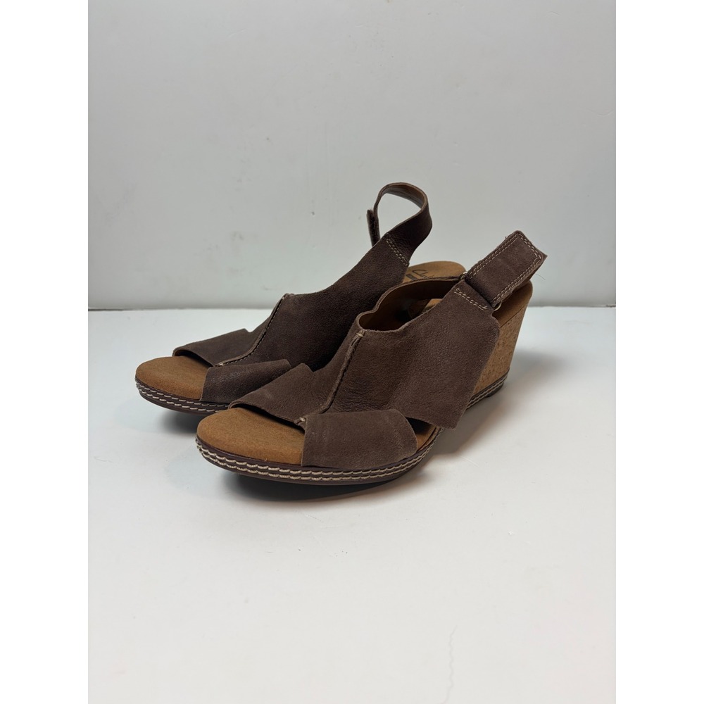 Clarks Collection Brown Suede Cork Wedge Sandals Slingback 26108746 Womens 9.5 M